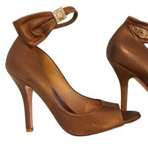 Badgley Mischka Metallic Bronze Peep-Toe Ankle Strap Heels